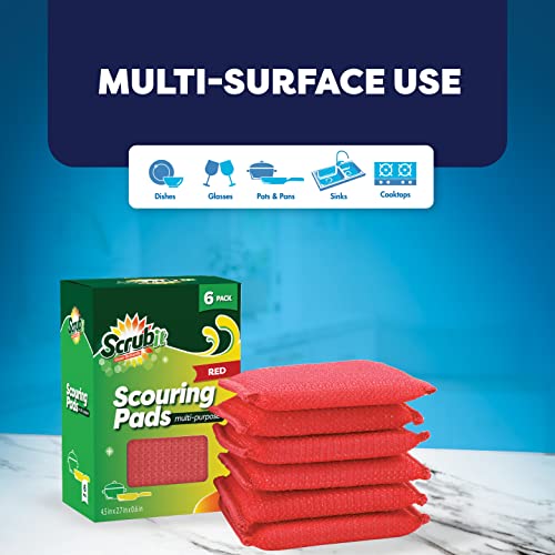 Scrubit Multi-Purpose Scouring Pad - Non-Scratch Cleaning Sponges For Pots, Pans, Dishes, Utensils & Non-Stick Cookware - Scrubbing Pads Use For Kitchen, Bathroom - 6 Pack Dish Sponge- (Red) #TOP6