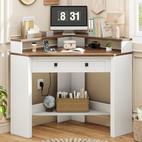 Vabches Corner Desk, Triangle Computer Desk Home Office Workstation with Drawer and Monitor Stand for Small Spaces Farmhouse Corner Vanity Table for Bedroom Study, Living Room (White Brown)