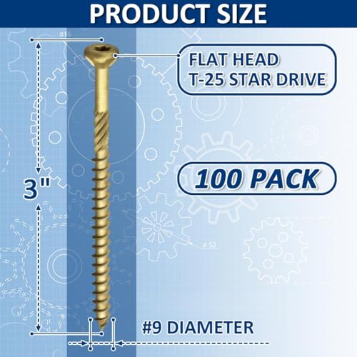 Tornillos Tirafondo para madera UnibLn #9 x 3 pulgadas Pack de 100 - Acero Carbono cabeza plana sistema Torx miniatura 2