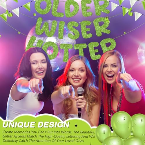Image of Fulmoon Set of 3 Pre Strung Older Wiser Hotter Glitter Banner Funny Birthday Banner for Women 30th 40th 50th 60th 70th 80th Birthday Party Decorations Sign Gift(Grass Green)