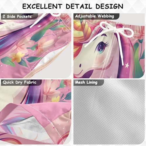 Pigsaly Boys Swim Trunks Unicorn Pink Flowers Leaves Boys Board Shorts Swimsuit Swimwear Summer Bathing Suit S3