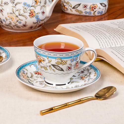 Image of GOLDEN QUEEN'S Cup & Saucer Set | Perfect for Hosting & for Tea /Coffee Lovers | Handcrafted in India, Inspired by Florals & Platinum on Rim | 6 Cups & 6 Saucers |170 ml - Blue Botanicals