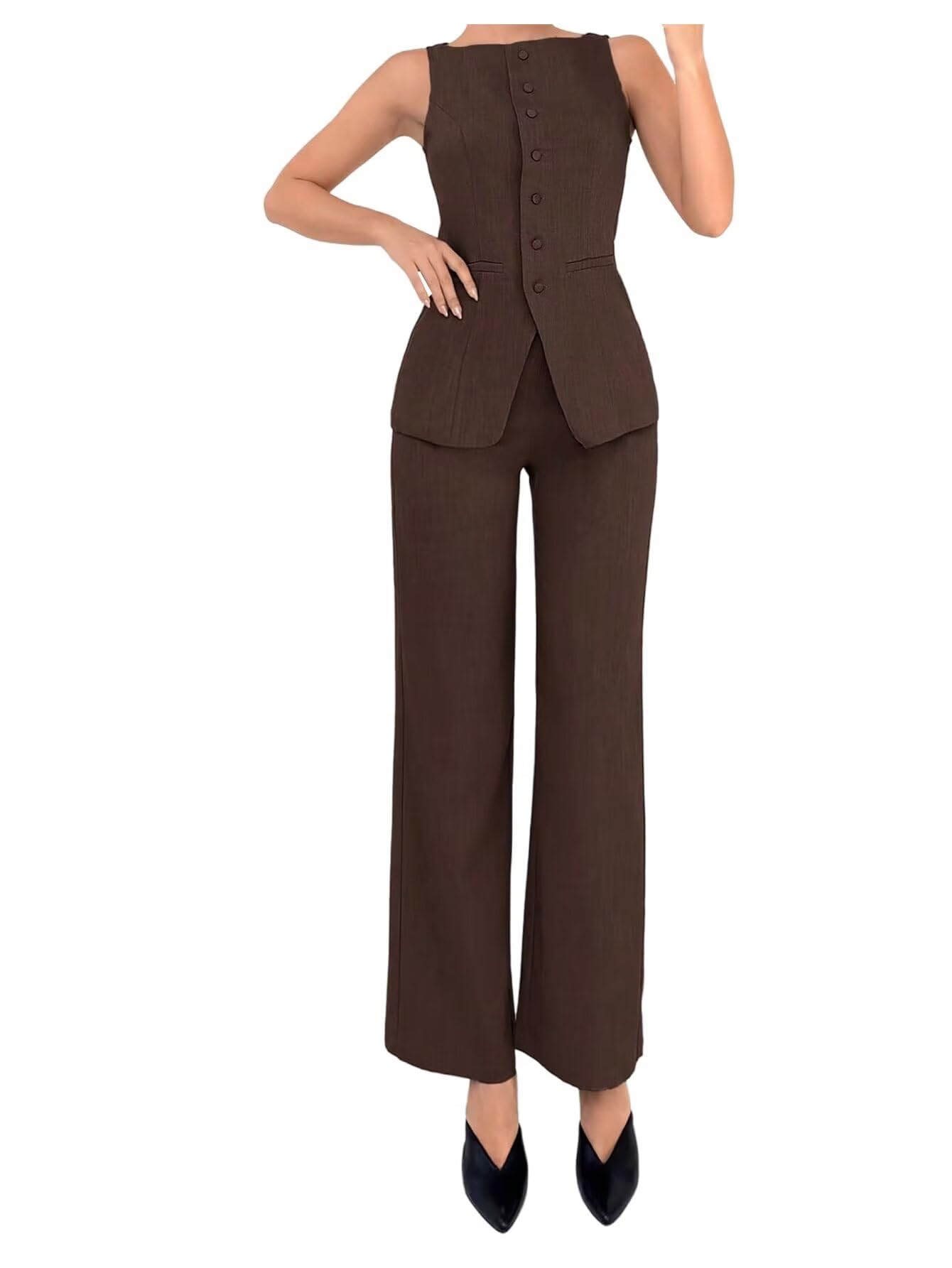 Womens Suit 2-Piece Office Work Business Casual Set - Sleeveless Button-Down Boat Neck Vest Pants
