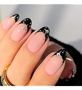 Black French Tips Press on Nails Short Oval Fake Nails Star Acrylic Nails with Rhinestone Designs...