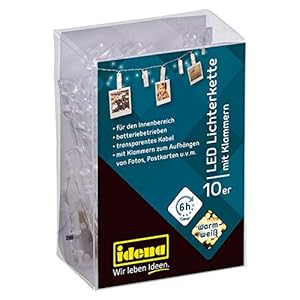 Idena 30130 – LED-lichtketting met 10 leds, warm wit, met klemmen, verlichte clips voor foto’s, met 6 uur timerfunctie, werkt op batterijen, ca. 1,4 m lang, om te knutselen en te decoreren