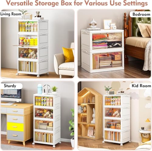 Image of TidyTrove Storage Boxes with Lid, 4-Tier Plastic Stackable Storage Boxes with 1 Lid 28L /Tier, Folding Storage Bins with Wheels, Storage Organizer for Bedroom Living Room Study Office