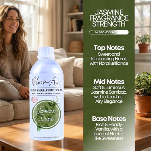 Image of Jasmine Dune Diffuser Oil for Home Fragrance, 1 Litre Refill, Water-Soluble, Strong & Long-Lasting Aroma Infused with 3X Hyper Boost Action for use in Home and Office