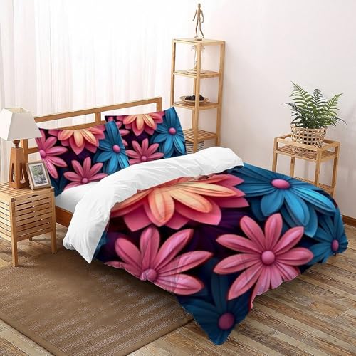 Housse de couette fleurs roses anti-plis lit king parure microfibre facile à laver - 2