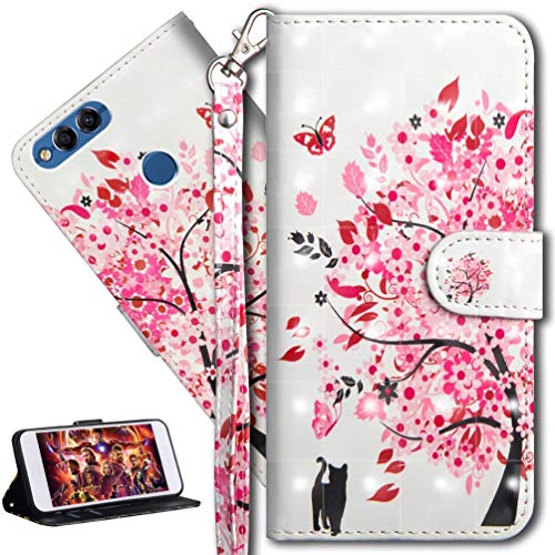 HMTECH Huawei Honor 7X Funda Elegante Retro Gato Rosa Flor patrón PU Leather Wallet con Business Card Holder Stand Function Case para Huawei Honor 7X,Cat Pink Flower YX Cover