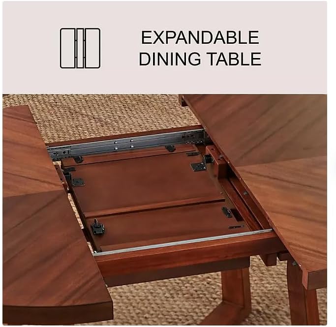 Close-up view of the expandable dining table mechanism with the leaf compartment open