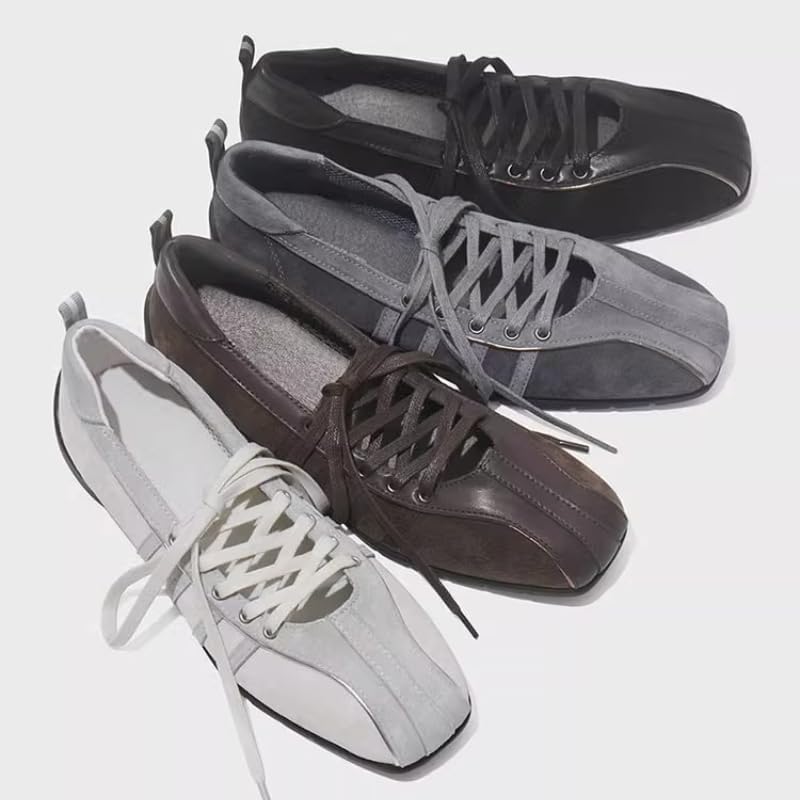 Women's Square Toe Ballet Flats Lace Up Leather Casual Shoes Platform Sole Sneakers - Image 3