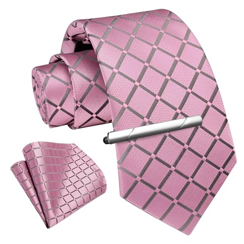 Image of Enlision Ties for Men Plaid Stripe Tie Handkerchief Woven Classic Formal Necktie Pocket Square Clip Set