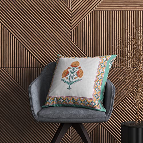 Image of BLOCKS OF INDIA Hand Block Printed Cotton Linen Cushion Cover (16 X 16 Inches) (Green Yellow Motifs), 250 TC
