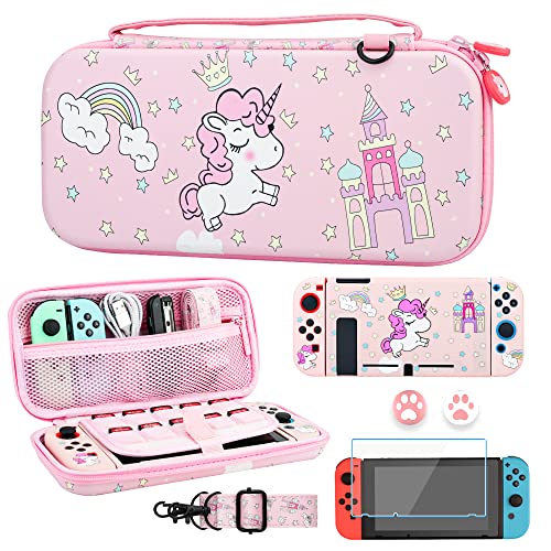 GLDRAM Pink of Unicorn Carrying Case for Nintendo Switch Accessories, Cute Rainbow Switch Travel Case for Girls with Soft TPU Protective Cover Shell, HD Screen Protector, Thumb Caps & Shoulder Strap