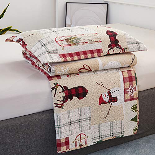 Christmas Quilt Set King Size Red Green Plaid Patchwork Quilt Set Lightweight Bedspread Coverlet Snowman Pattern Bedding Bed Set Gift for Kids Girls Adults,1 Quilt,2 Pillow Shams