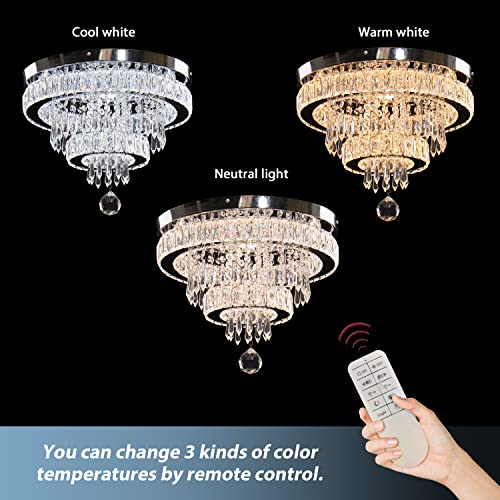 15.7" Modern Crystal Chandeliers Dimmable 2 Rings Crystal Ceiling Light Fixture Flush Mount Ceiling Light For Bedroom Dining Room Living Room(Multicolor With Remote Control) #TOP1