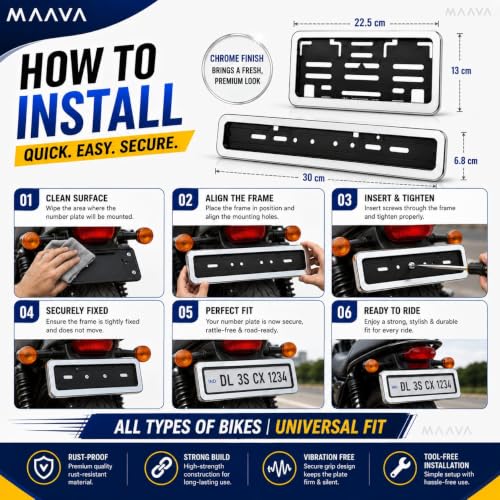 Image of Universal Chrome Number Plate Frame for Bikes & Scooters | Front & Rear Chrome Finish ABS Number Plate Holder Set | Rust & Corrosion Resistant No. Plate Frame | Heavy Duty | Chrome Finish
