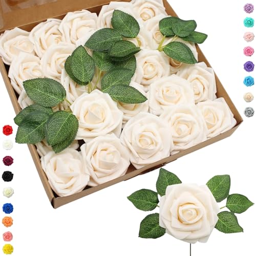 COSORO 25 Piezas Rosas Artificiales Color Champán,Flores Artificiales Decoracion Cumpleaños Bodas Fiestas Jardín Hogar,Rosas Falsas de Espuma con Tallo Regalos para Manualidades San Valentín Mujeres