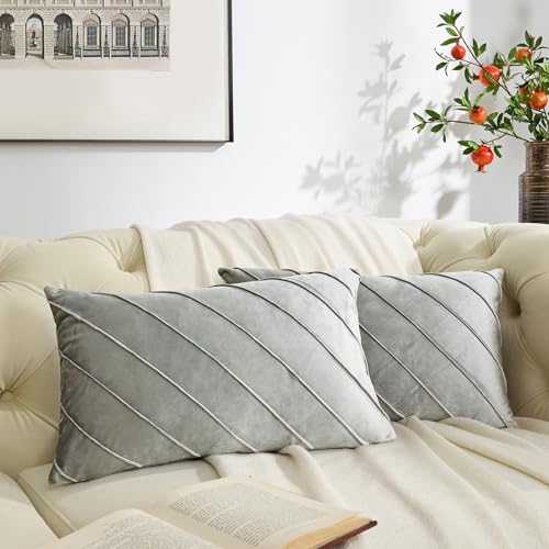 Image of GIGIZAZA Decorative Velvet Pillow Covers 12x20, Set of 2 Silver Grey Sofa Couch Lumbar Throw Pillows Covers Cases, Living Room Square Cushion Accent Stripe Covers