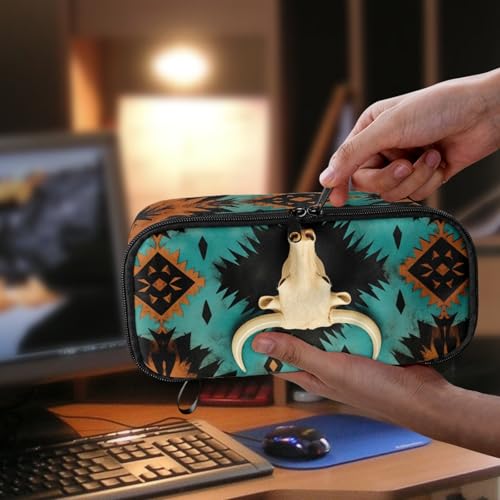 Image of Aztec Western Sheepshead Pencil Case for Kids Large Pencil Pouch for Boys Girls Lightweight Pencil Container for Children 3-18 Pencil Bag for Travelling Camping Hiking Handbag