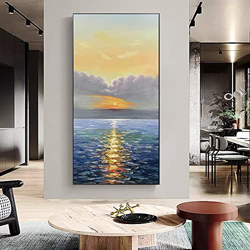 Geel en Grijs Grote Abstracte Muur Art Groot Canvas voor Woonkamer Hal, Zonsopgang Blauwe Zee Badkamer Foto's Muur Decor… - Afbeelding 3