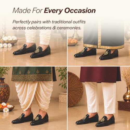 Image of FAUSTO Men's Patent Glossy Ethnic Embroidered Design Slip On Shiny Juttis & Mojaris for Party|Wedding|Festival