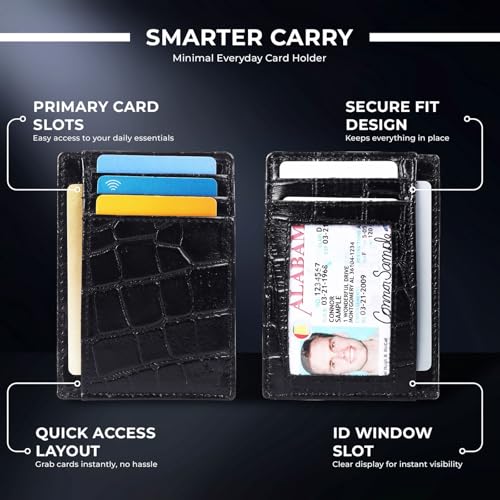 Image of Genuine Leather Slim Card Holder Wallet for Men - Premium and Stylish Card Holder with Capacity for 7-10 Cards and Currency Compartment - Stylish and Functional Leather Wallet (BLACK)