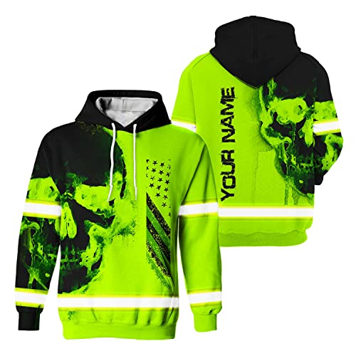 HiVis Custom Black Skull USA Flag High Visibility Hoodie Men Custom Name Class 3 Reflective Tape Safety Workwear for Workers, Patriotic, Operator, Truckers