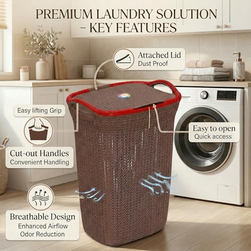 Image of Plastic Laundry Basket with Lid | 60L Extra Large Knit Hamper | Strong & Durable | Ideal for Bathroom, Bedroom & Kids Room | Multipurpose Cloth Storage Organiser | 36 x 46 x 61 cm | Dark Beige
