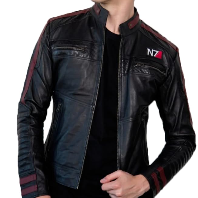 Men's Commander Shephard N7 Gaming Motorcycle Black Real Leather Jacket - Vintage Biker Jacket with Red Stripes2