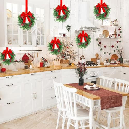 Image of YoleShy 12 Pcs Small Christmas Wreath 12 inch Mini Wreaths for Cabinets, Small Wreath with Berry & Red Velvet Bow Ribbon, Window Wreaths Christmas Cabinet Wreaths for Kitchen Front Door Chair Wall