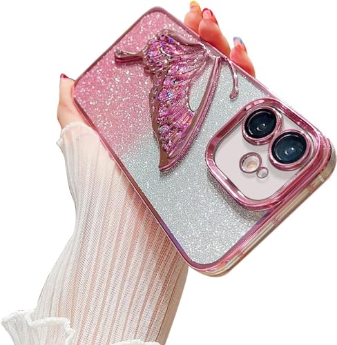 Image of SHINESTAR 3D Butterfly Case for iPhone 12 Cover, Cute Girly Glitter Bling Luxury Back Cover for Women Girls Protective Shockproof Slim Camera Protection for iPhone 12 - Pink
