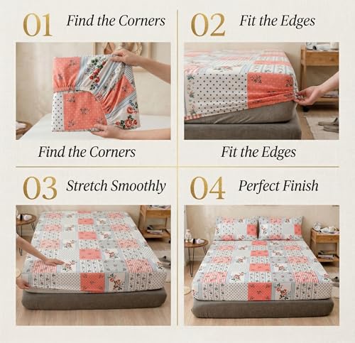 Image of VAS COLLECTIONS Cloud Cotton Corner Elastic Fitted Double Bedsheet Set (78 x 72 + 8 Inches) with 2 Pillow Covers | 160-180 TC Soft Breathable Cotton Fitted Sheet | Bed Sheet (Pastel Patchwork)