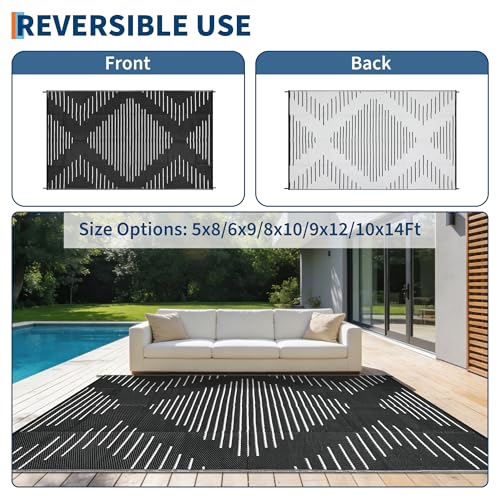 Garvee 10x14 Outdoor Rugs Waterproof Easy-Cleaning for Patio Black White - Image 4