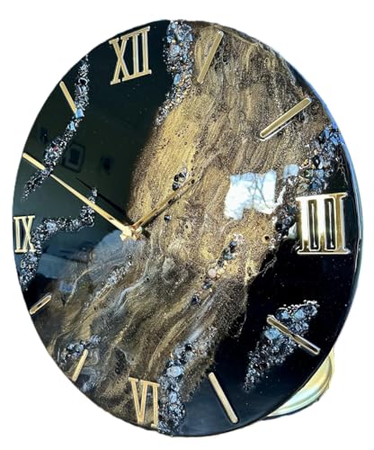 Image of Handmade Resin Wall Clock with Roman Numerals - Luxury Marble Effect Designer Wall Clock with Gold Finish, Silent Quartz Movement, Modern Home & Office Decor (Black & Golden)