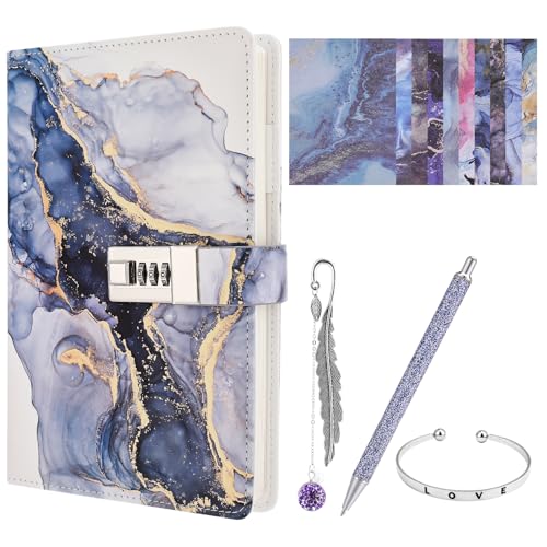 Candcamp Diario secreto con cerradura para niñas, azul profundo, cuaderno de contraseñas con pulsera, bolígrafo, marcapáginas, papel Washi