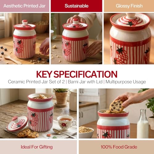 Image of Strawberry Printed Ceramic Handglazed Pickle Jars Set of 2-1000 ML Each | 1 kg Achaar Martban Barni Jar with Lid | Ceramic Storage Jar Container Pickle, Chatney