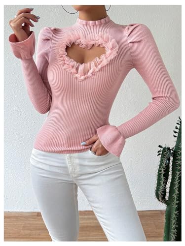 Image of SOLY HUX Women's Long Sleeve Shirts Mesh Heart Cutout Tops Mock Neck Knitted Sweater Pullovers Plain Pink Large
