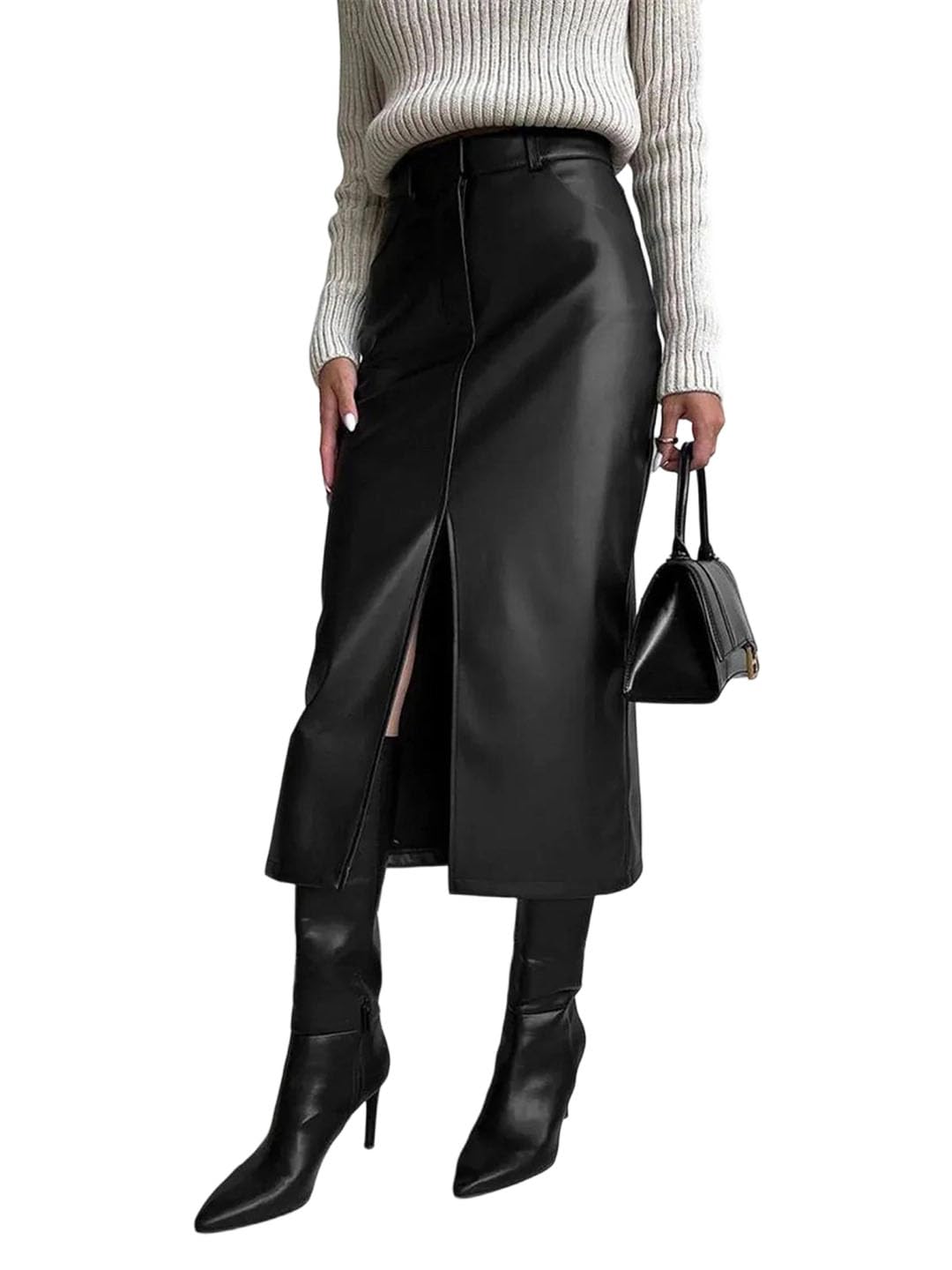 Woman Leather Skirt High Waist Front Slit Long High Slim Skirts Elegant