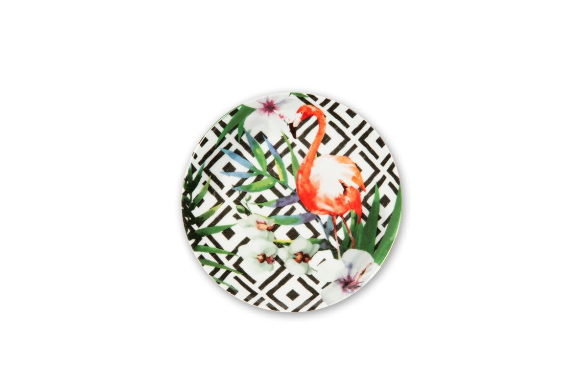 Excelsa Tropical Chic Set 6 Piattini in Porcellana per Aperitivo e Dessert, Decorazioni Tropicali
