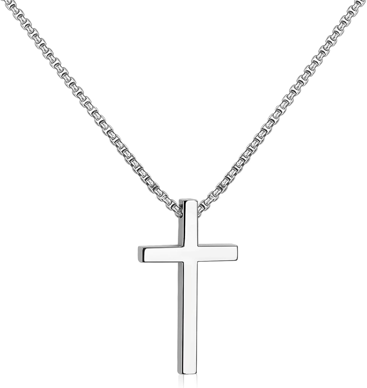 SanThree 3mm Pure Titanium Cross Necklace for Men Women Square Box Rolo Chain, Skin Friendly Solid Round Link Rolo Chain for Birthday Valentines Graduation Gifts,21.65"/23.62“