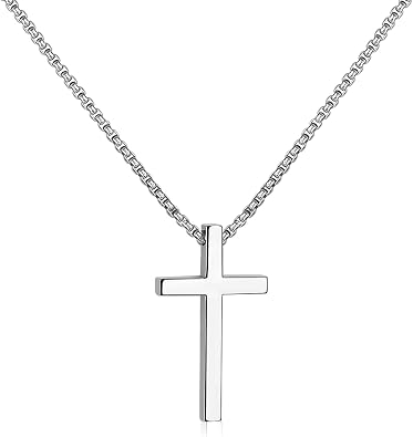 SanThree 3mm Pure Titanium Cross Necklace for Men Women Square Box Rolo Chain, Skin Friendly Solid Round Link Rolo Chain for Birthday Valentines Graduation Gifts,21.65"/23.62