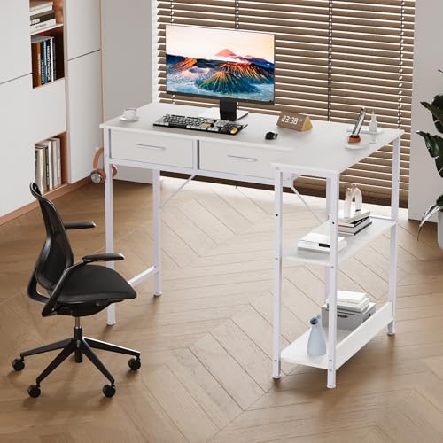 Garvee 40 Inch Gaming Desk with Power Outlet, l Shaped Computer Gaming Table with 3 Tiers Storage Shelves & 2 Drawers, Escritorio with Headphone Hook, Corner Gamer Desk for Small Spaces, White by Garvee - Used condition - Image 9