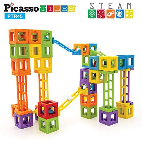 PicassoTiles® PTR45 Roller Coaster STEAM 45 Pcs 3D Creativity Magnet Building Block, Construction Educational Track Building Block Set w/ 5 Different Shapes and Idea Book