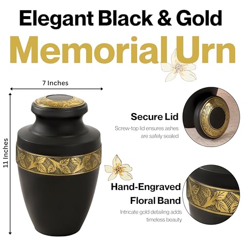Image of Cremation Urns for Human Ashes Adult - Handcrafted Aluminum Memorial Urn with Gold Leaf Engraving & Velvet Carry Bag, Decorative Funeral Burial Urn with Secure Screw Lid, (Black & Gold)