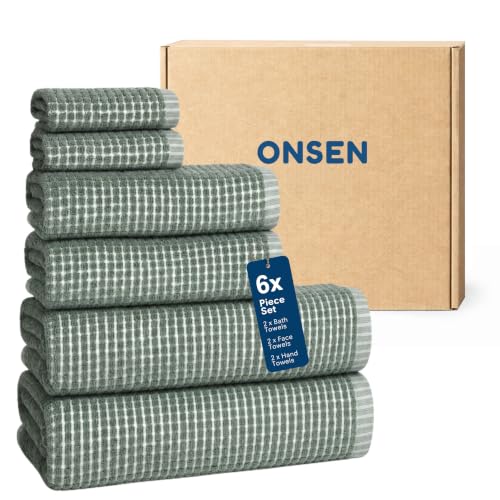 ONSEN Sculpted Terry Towel Set 100% American Cotton Quick Dry Lint Free Lightweight Absorbent Face Hand Bath Towels with Hanging Loop (Spruce 2X Bath Towel 2X Hand Towel 2X Face Towel)
