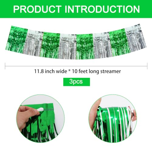 Image of BEISHIDA 3 Pack Green Silver Foil Fringe Garland 30ft Wall Tinsel Banner