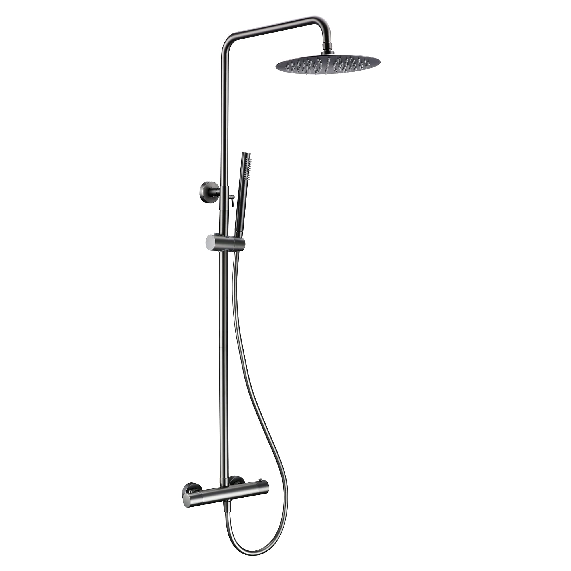 NGDFGR Thermostatic Shower Mixer Set, Multi-Function Wall Mount Exposed Shower Column Bathroom Faucet With Diverter Rain Head, Solid Brass Shower Set With Shower Head And Shower,Gun Gray-10 Inch