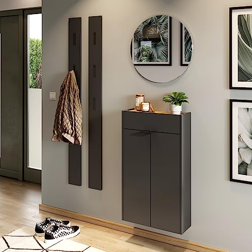 Lomadox Garderobe Flurgarderobe schmal in grau mit Eiche modern 4-teilig mit 2 Garderobenpaneelen, 1 Schuhschrank, 1 runder Spiegel