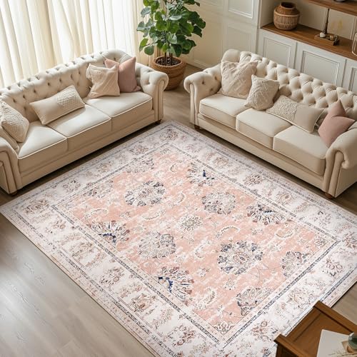 jinchan Fiora 6x9 Area Rug for Living Room Machine Washable Vintage Floral Distressed Design Stain Resistant Boho Carpet Ultra-Thin Low Pile Non-Slip Rug for Bedroom Home Office(6'x9', Dark